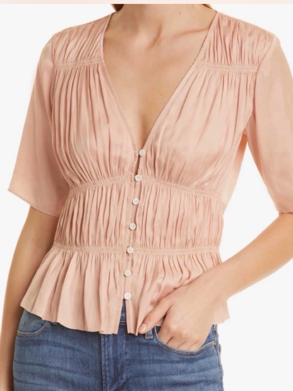 FRAME The Gathered Top Light Pink Button Front Blouse Size XS Designer